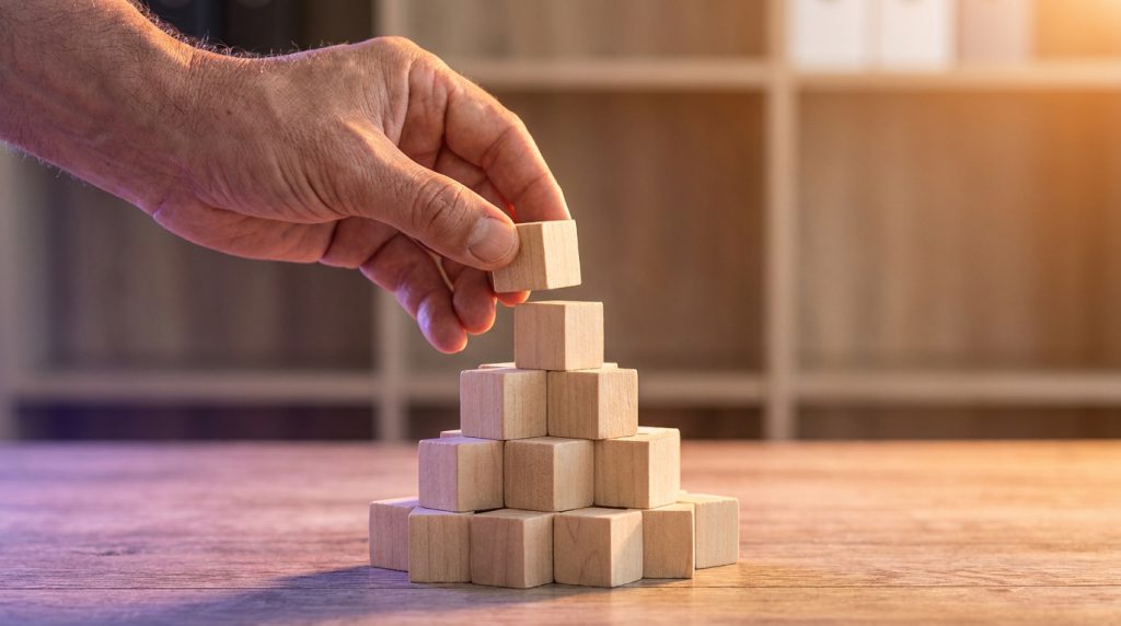 A hand placing the top block on a rising stack of wooden blocks.