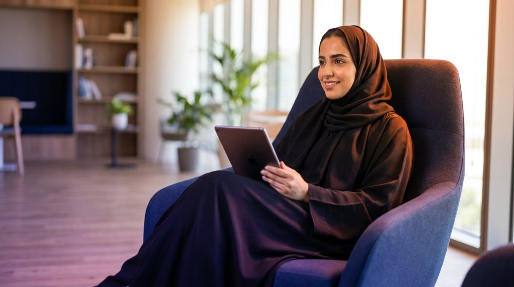 An employee relaxing in an office lounge with a tablet.