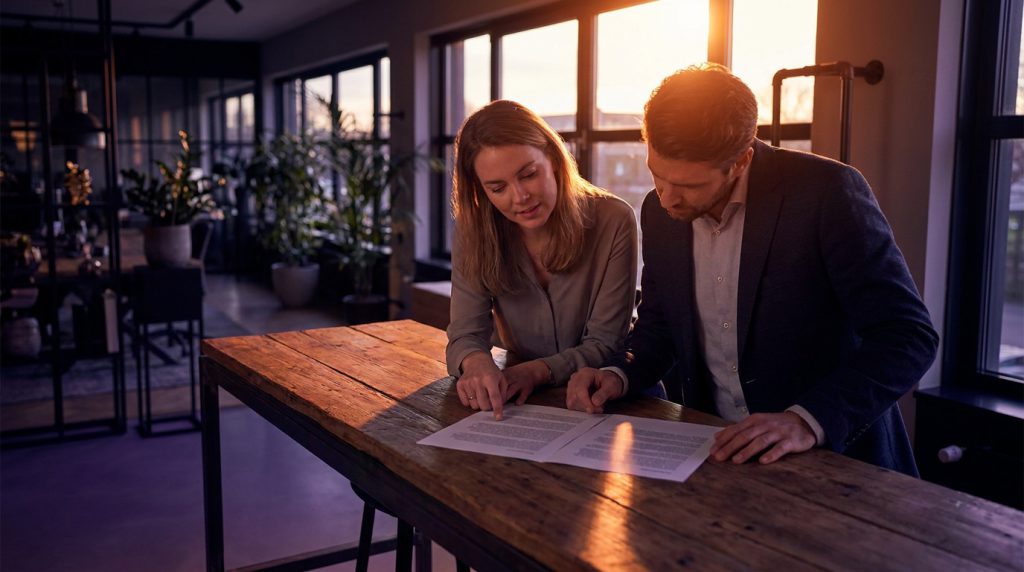 Two colleagues from HR and finance reviewing the same document at a standing desk.