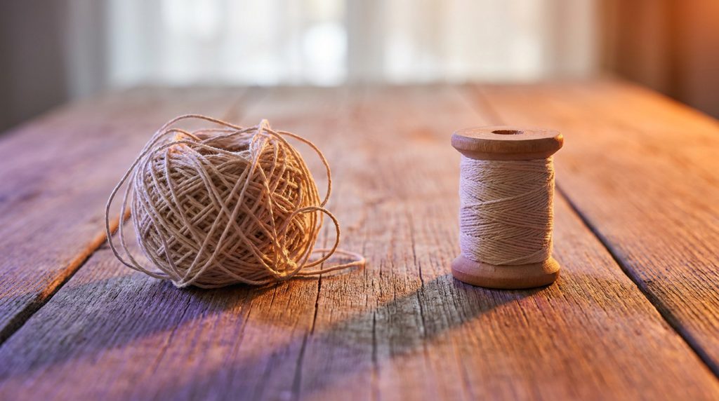A tangled ball of thread beside a neatly wound spool of the same thread.