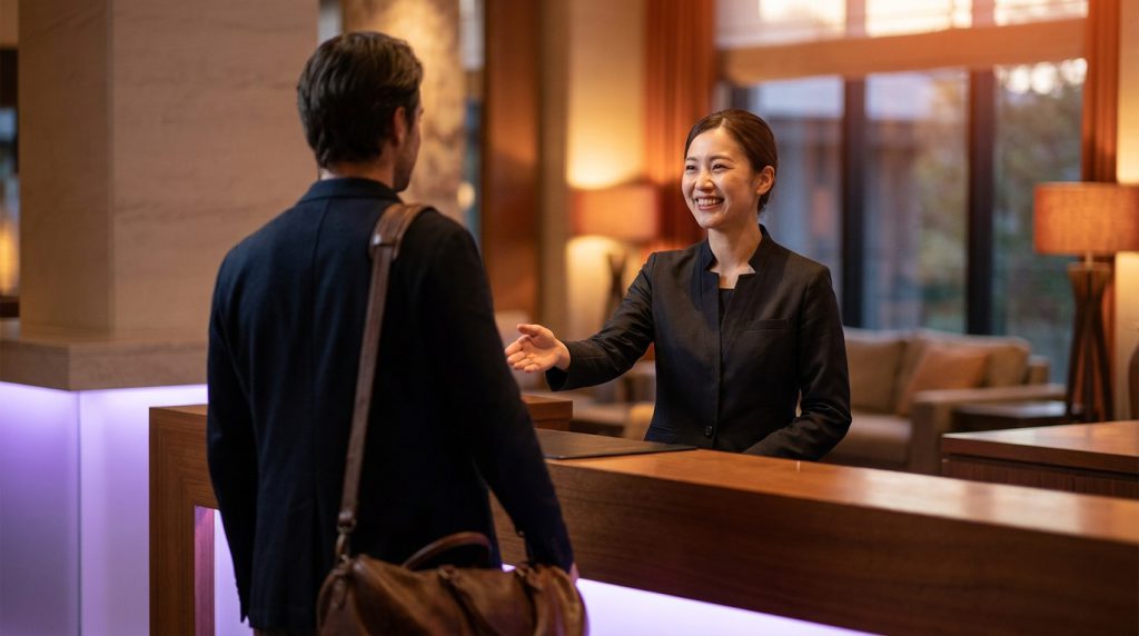 A hotel receptionist warmly welcoming a guest at the front desk.