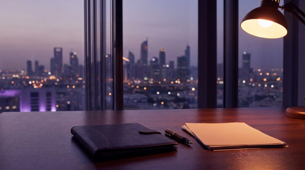 A quiet finance office desk at dusk with a closed folder, a pen and papers, a city skyline behind.