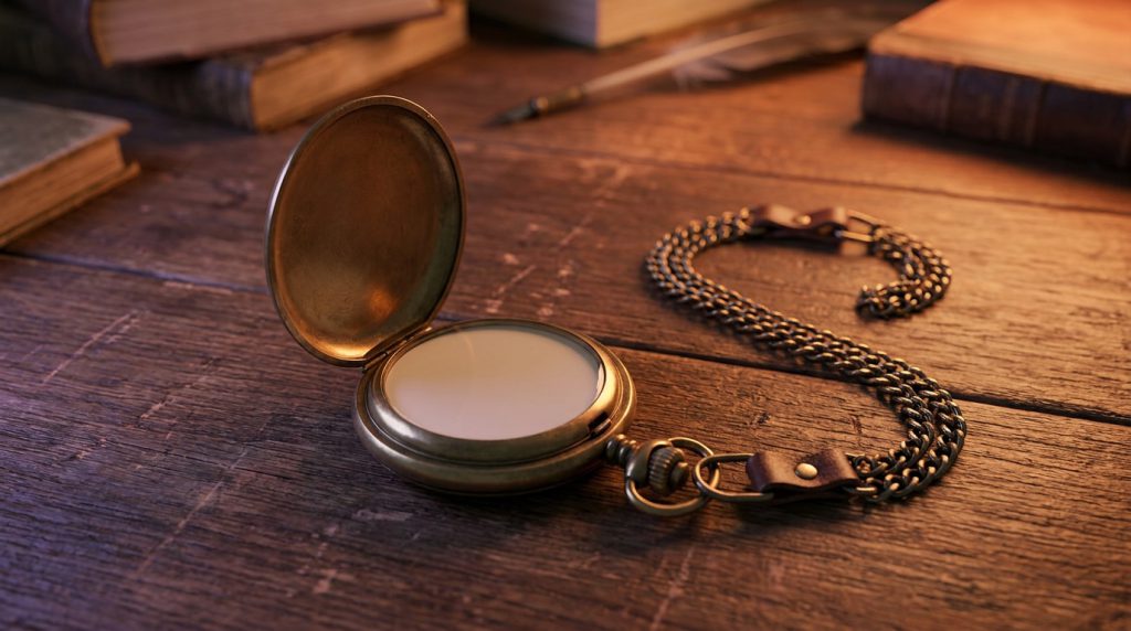 An open antique pocket watch on a desk with its chain coiled beside it.