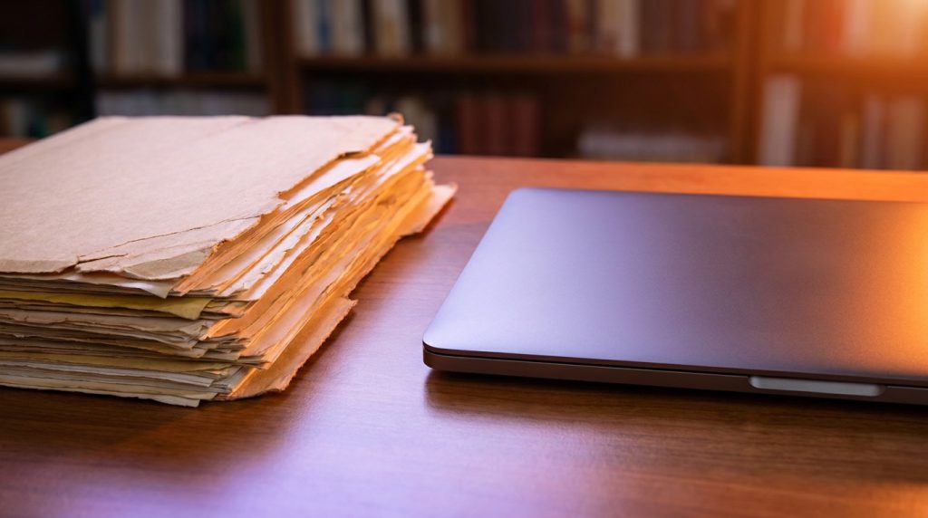 A bulging paper file folder beside a slim closed laptop on a desk.