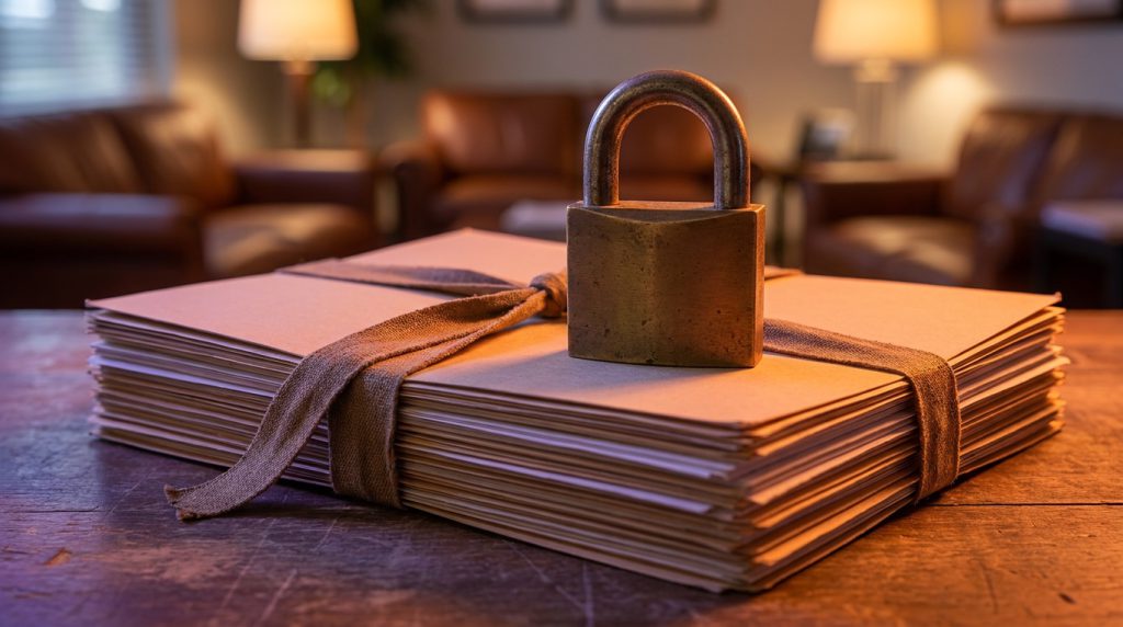 A brass padlock resting on a stack of personnel folders tied with ribbon.