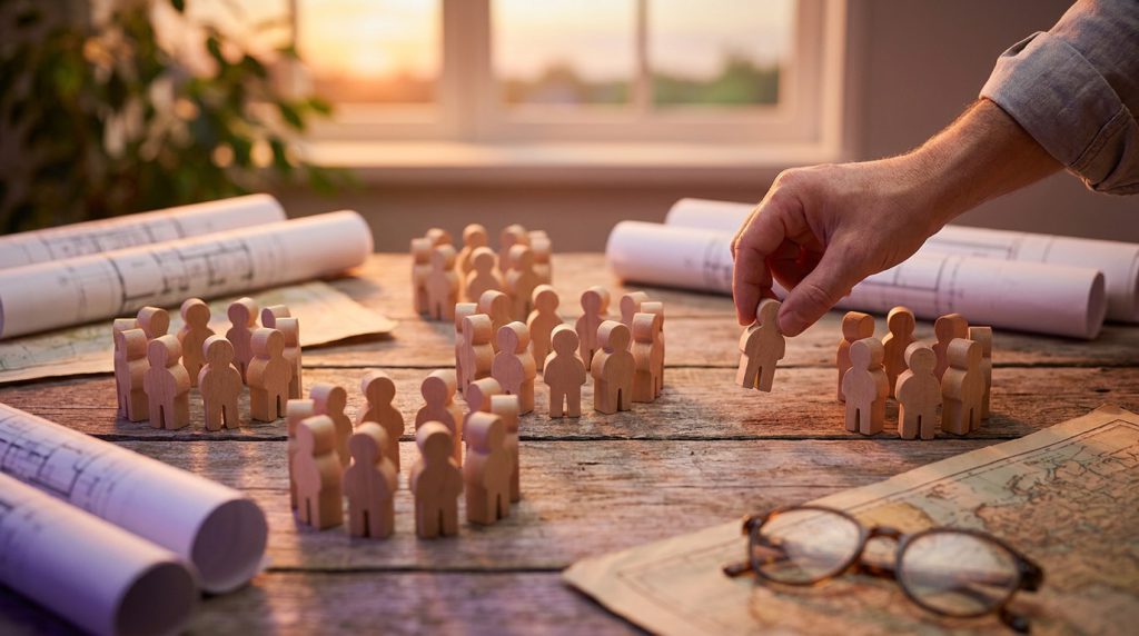 A hand moving wooden figurines between groups on a planning table.