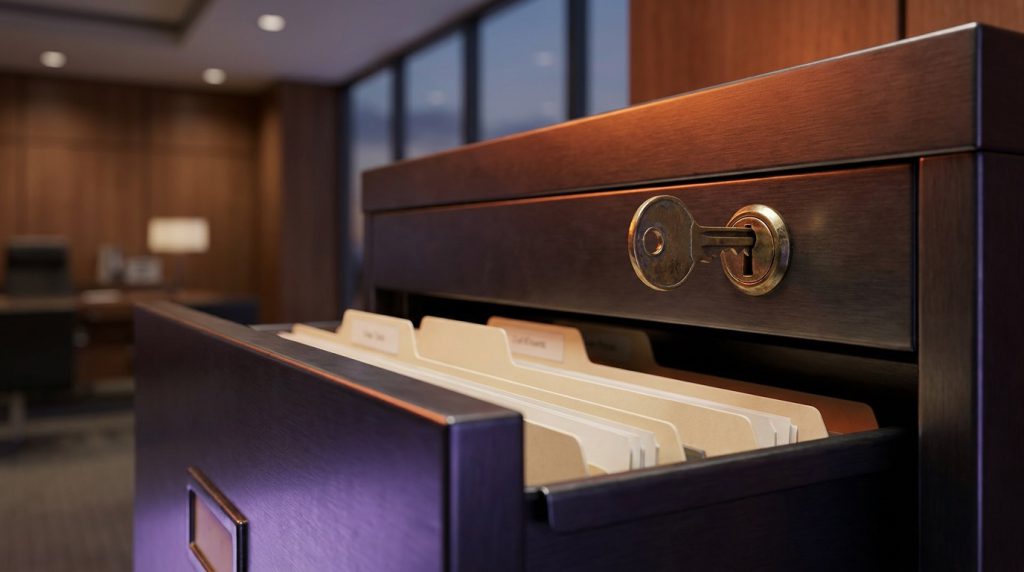 A brass key turned in the lock of a steel filing cabinet with a drawer slightly open.