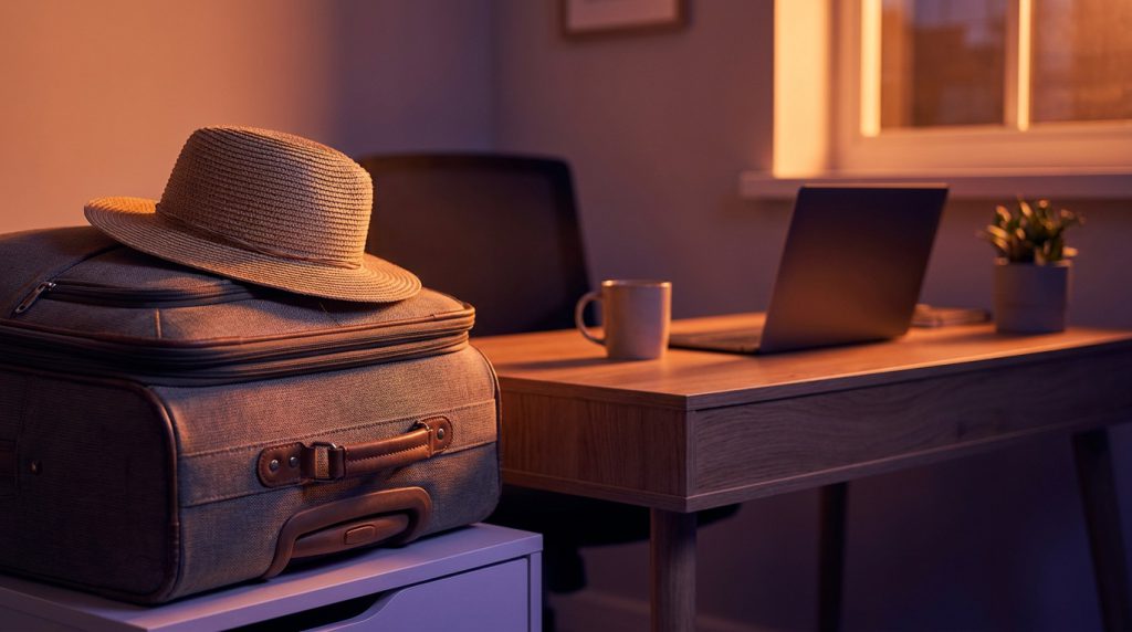 A packed suitcase with a sun hat on top standing beside a tidy office desk.