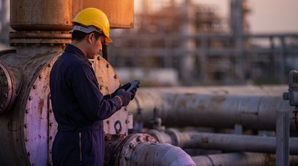A field technician in overalls checking a smartphone outdoors.
