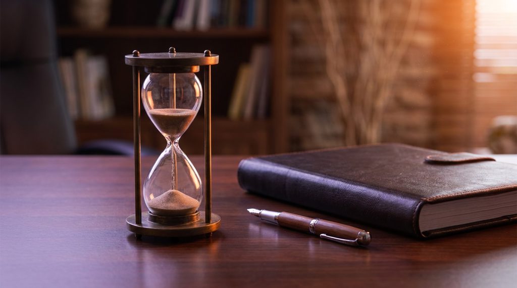 An hourglass with the last of its sand running out beside a closed report folder.