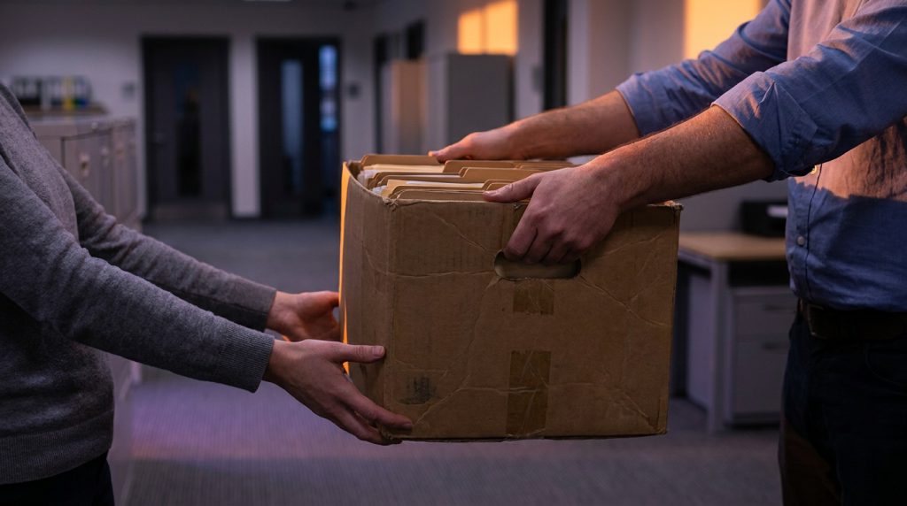 One colleague handing a heavy box of files to another who takes the weight.