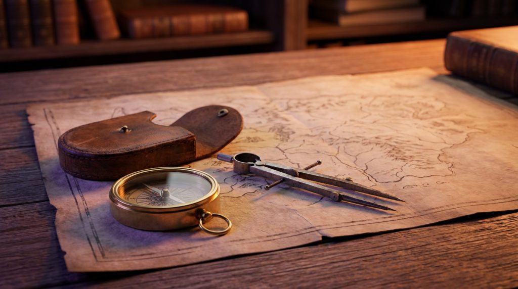 A brass compass and drafting dividers on an unfolded map.