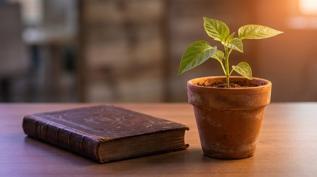 A young plant growing in a terracotta pot beside a closed ledger on a desk.