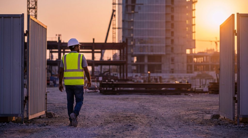 A site worker in a hard hat and high visibility vest walking through a construction site gate at sunrise.