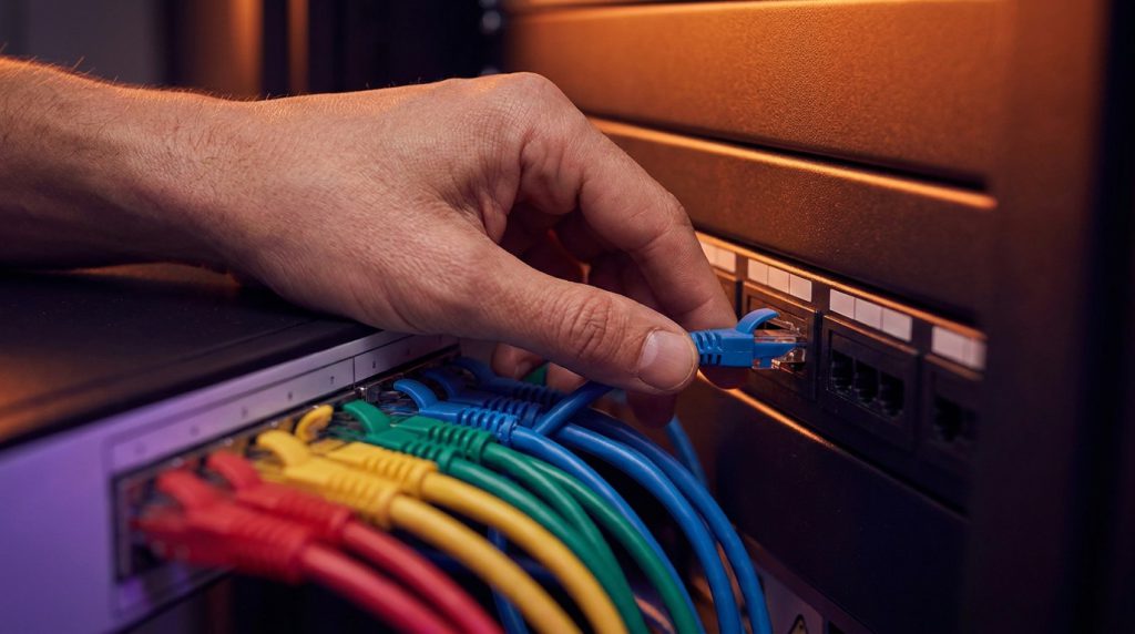 A hand connecting the last cable into a neatly organised patch panel.