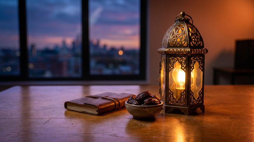 A brass Ramadan lantern beside a bowl of dates and a closed diary on an office desk.