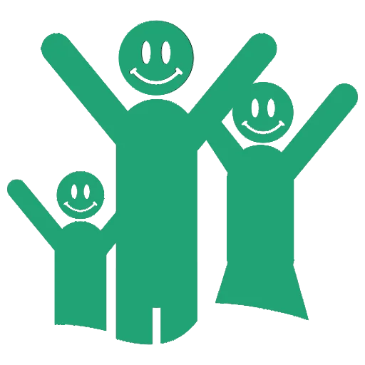 Green icon of three happy figures representing a family.