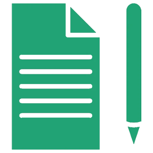 A green icon of a document with lines and a pen next to it, symbolizing letter templates and document creation.