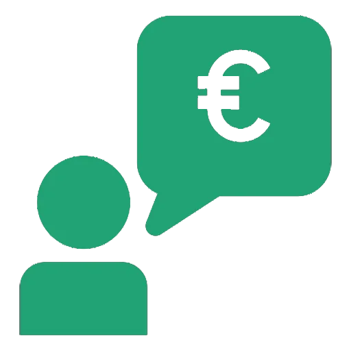 A green icon showing a person's silhouette with a speech bubble containing a Euro currency symbol, representing a loan or salary advance.