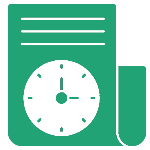 Icon for project time tracking showing a clock on top of a document.