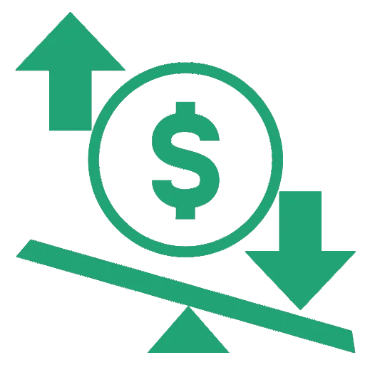 A green icon showing a dollar coin on a seesaw with up and down arrows, representing variable pay.