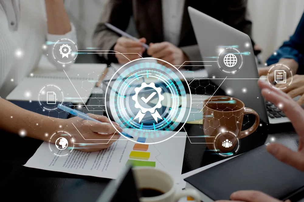 A meeting table with a glowing digital overlay showcasing a certified badge icon at the center, surrounded by various business and global icons.