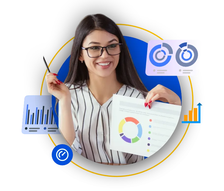 A smiling woman with glasses holds a document with a pie chart, surrounded by floating graphs and icons representing data and performance.