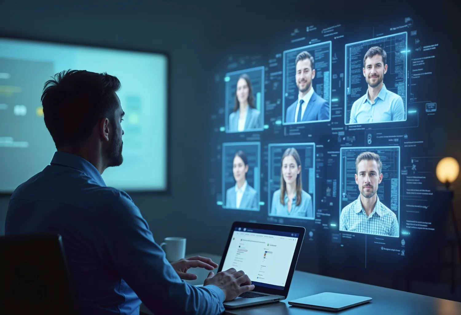 HR manager evaluating candidates using a digital interface with multiple video profiles on screen -Streamlined Applicant Tracking